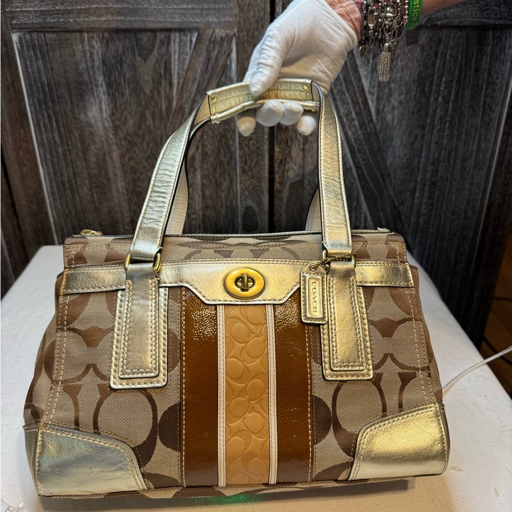 Coach Hampton Metallic Gold and Brown Signature Satchel EUC